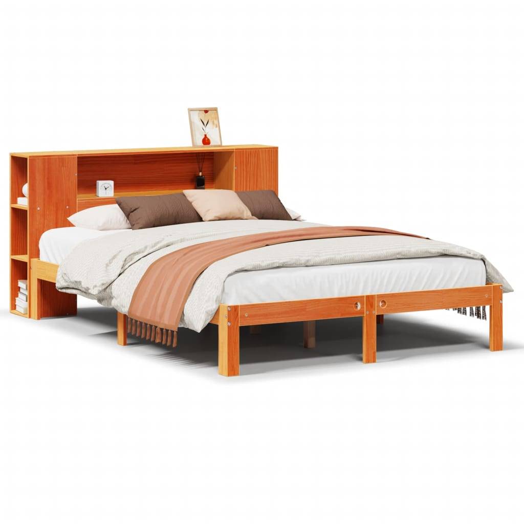 vidaXL Massivholzbett mit Regal ohne Matratze Wachsbraun 135x190 cm