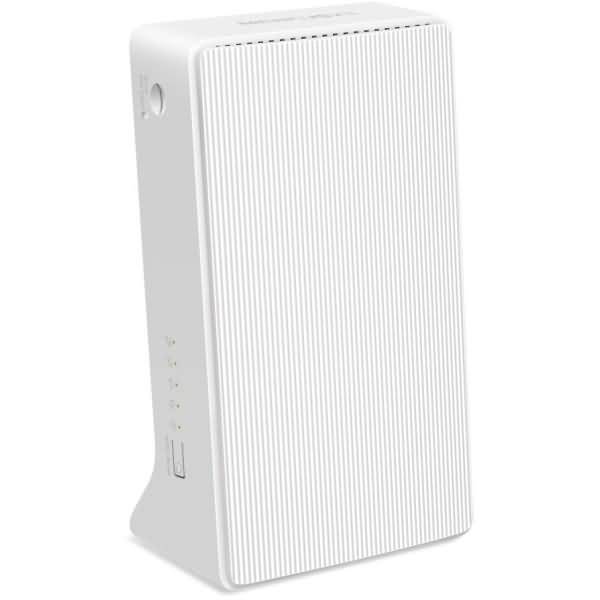 Weißer rechteckiger drahtloser Router/Modem, der aufrecht mit vertikalen Rippen und kleinen Statusleuchten auf der Seite steht.