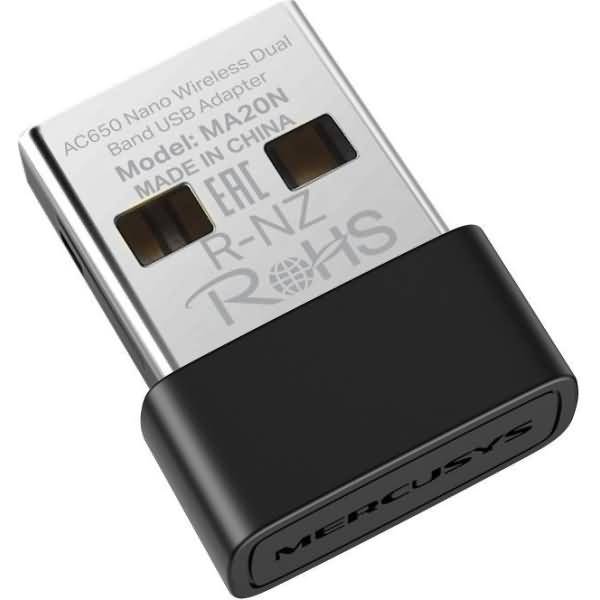 Mercusys AC650 Nano Wireless USB Dual-Band Adapter, schwarze und silberne kompakte Dongle auf weißem Hintergrund gezeigt.