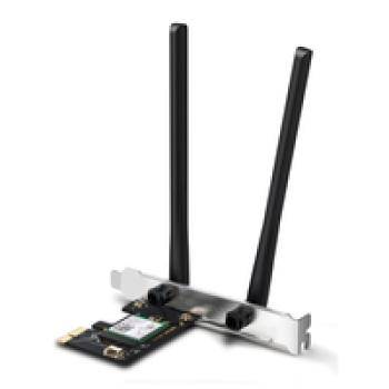 Ein PCIe-WLAN-Adapter mit zwei schwarzen Antennen, der für Desktop-Computer entwickelt wurde und drahtlose Internetverbindungen ermöglicht.
