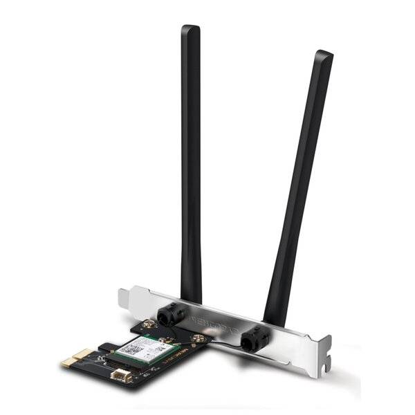 PCIe-WLAN-Adapterkarte mit zwei schwarzen Antennen