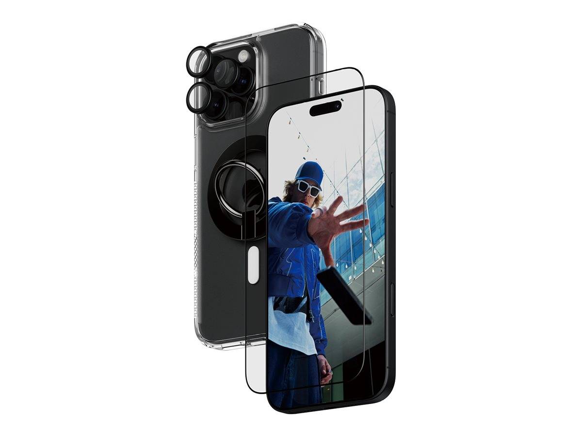 Zwei sich überlappende Smartphones mit transparenten Schutzhüllen, die das vordere Display und die hinteren Kameramodule zeigen.