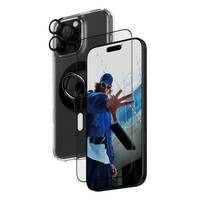Dreilagiger Handyschutz: schwarze Hülle mit Ringständer, transparenter Displayschutz und ein Smartphone-Display, das eine Person in Blau zeigt, die zur Kamera greift.