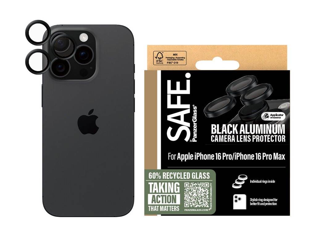 iPhone mit installierten schwarzen Aluminium-Kameraobjektivschutzringen, abgebildet neben einer Produktverpackung mit der Beschriftung „SAFE