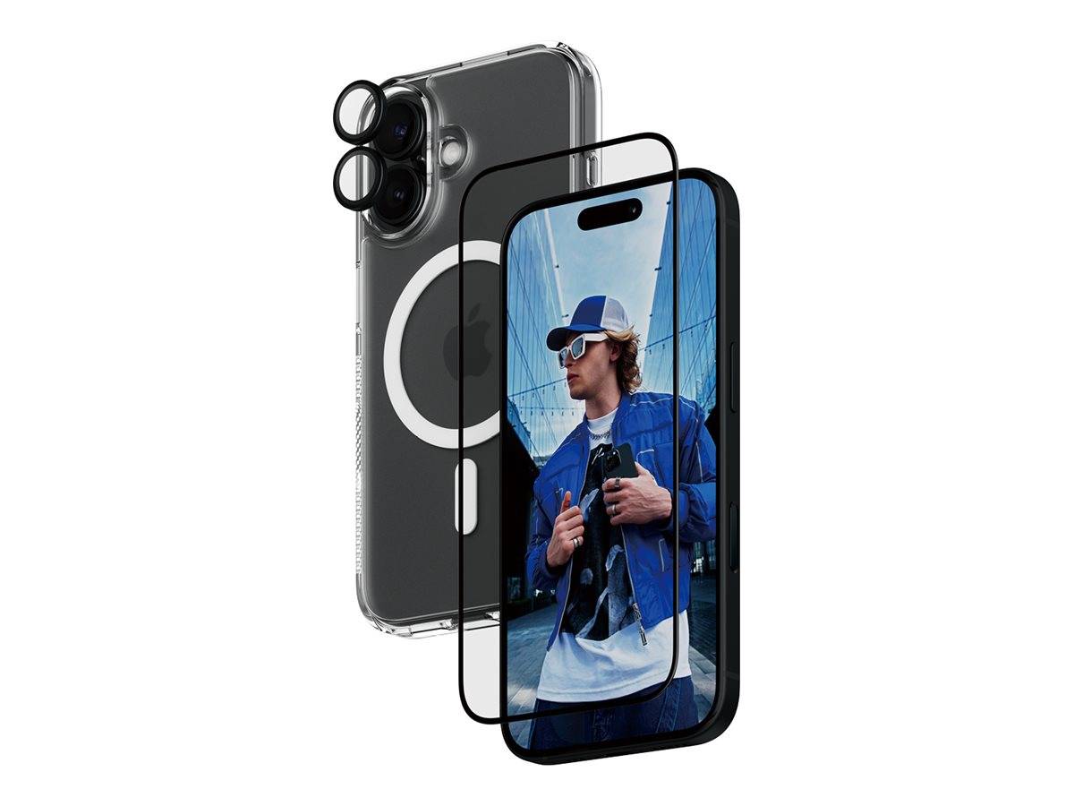 Drei Smartphone-Displayschutzfolien und Kameraobjektivabdeckungen übereinander auf einem Telefon, wobei eine einen Mann in blauer Außenjacke mit einer Kamera zeigt.