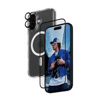 Smartphone mit transparenter Schutzhülle und Displayschutzfolie, auf dem Display ein Mann zu sehen ist, und ein MagSafe-ähnlicher Lademagnet auf der Rückseite.