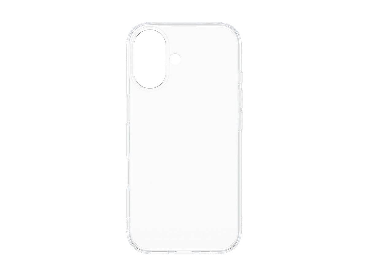 Transparentes, durchsichtiges Smartphone-Schutzhülle auf weißem Hintergrund, mit Dual-Kamera-Ausschnitt und abgerundeten Kanten.