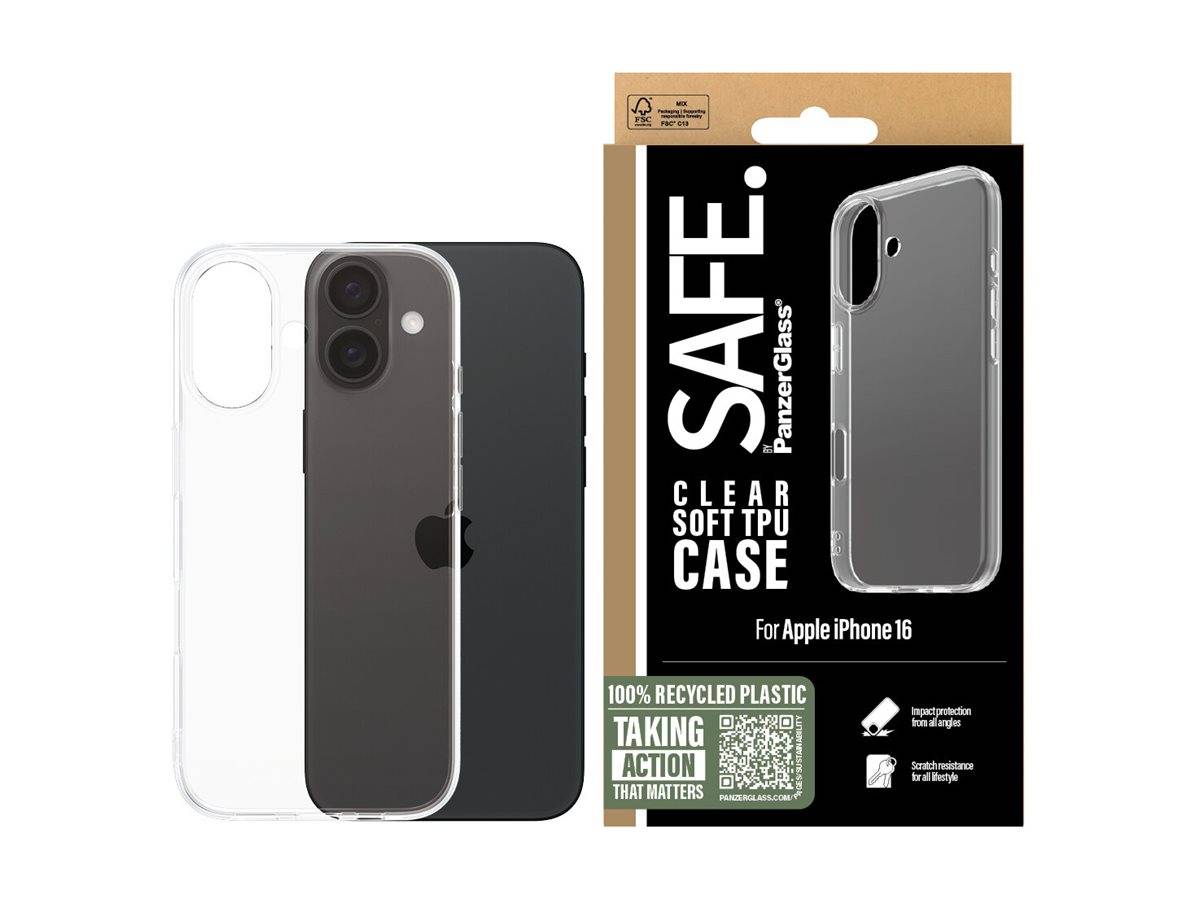 Verpackung für eine transparente weiche TPU-Hülle für Apple iPhone 16, wobei die Handyhülle neben der Schachtel gezeigt wird.