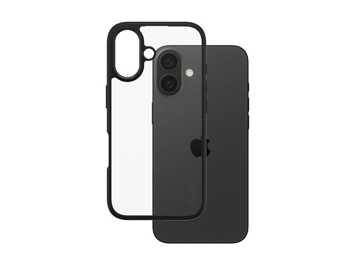 Schwarze iPhone-Hülle mit transparanter Schutzumrandung und großer vertikaler Kameraaussparung, Vorder- und Rückseite nebeneinander angezeigt.