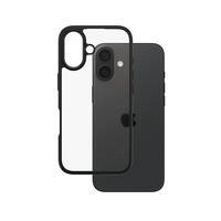 Zwei Smartphone-Hüllen sind überlappt dargestellt, eine durchsichtig mit schwarzer Stoßstange und eine vollständig dunkelgraue Hülle mit Kameraausschnitten.
