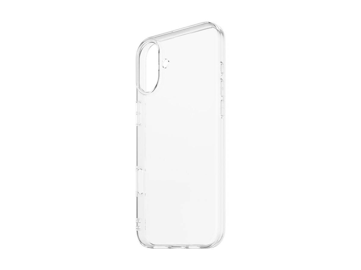 Transparente, durchsichtige Schutzhülle für Smartphones vor weißem Hintergrund, mit Ausschnitt für Dual-Kamera.