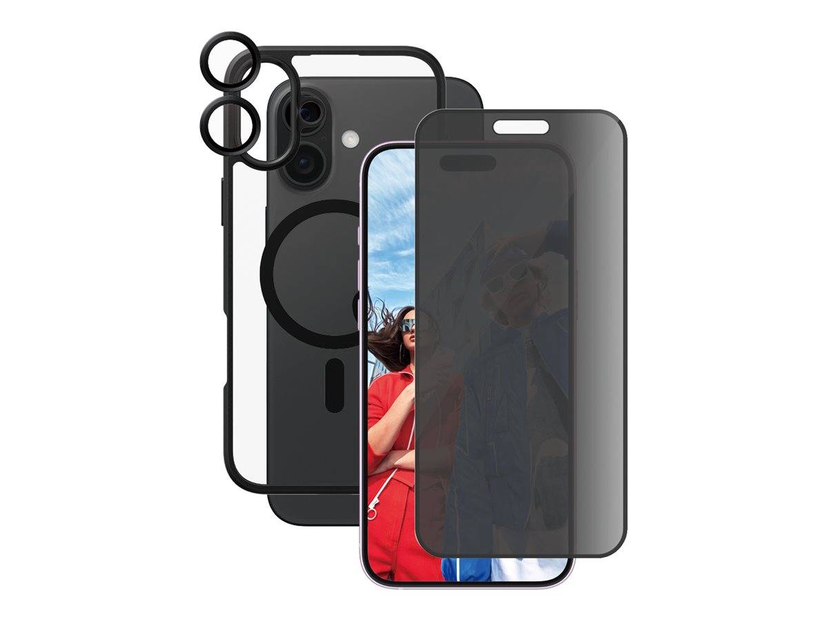 Gestapelte Displayschutzfolien für Smartphones und ein schwarzes Handyhülle mit erhöhtem Kameraring, dargestellt als Produktzubehör auf weißem Hintergrund.