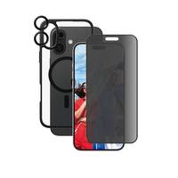Drei sich überlappende Smartphone-Displayschutzfolien und Hüllen, die eine Kameraaussparung und eine teilweise sichtbare Telefonanzeige hinter der Frontabdeckung zeigen.