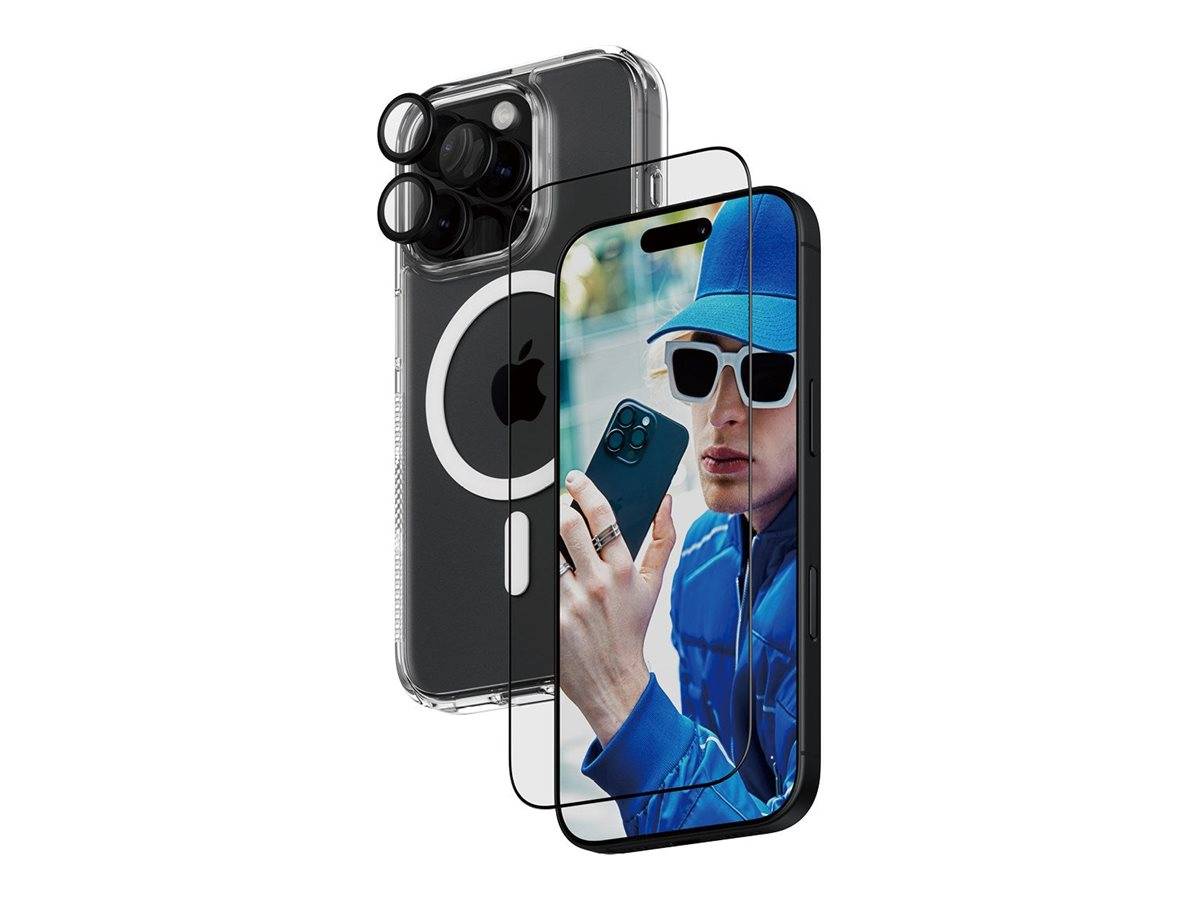 Zwei iPhones mit transparenten Schutzhüllen und Displayschutzfolien, eines zeigt einen Mann mit blauen Sonnenbrillen und einer Kappe.