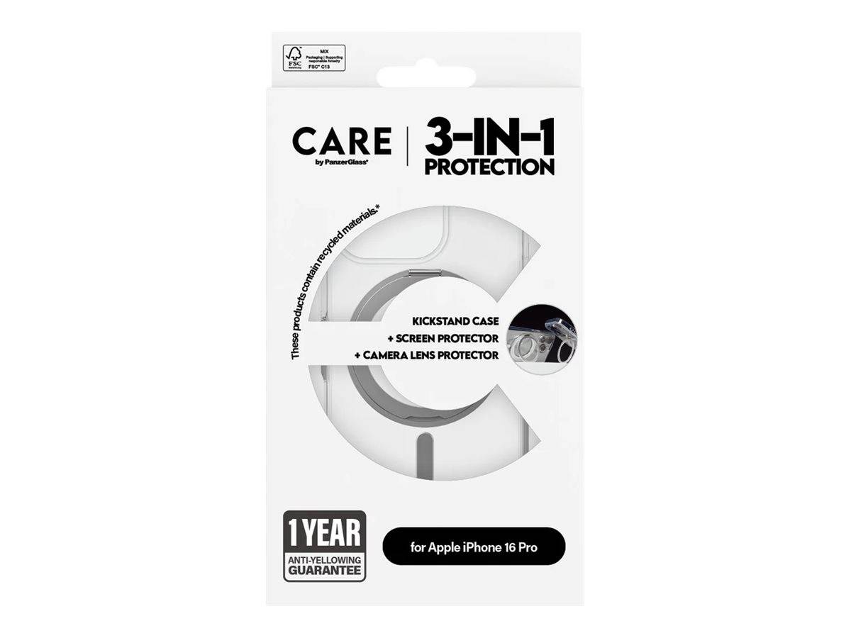 Verpackung für CARE 3-in-1 Schutzhülle, Displayschutzfolie und Kameralinsen-Schutzfolie für Apple iPhone 16 Pro, mit 1-Jahr-Garantie gegen Vergilbung.