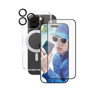 Werbebild eines Smartphones mit geschichteten Schutzhüllen oder Displayschutzfolien, Vorder- und Rückseite dargestellt.