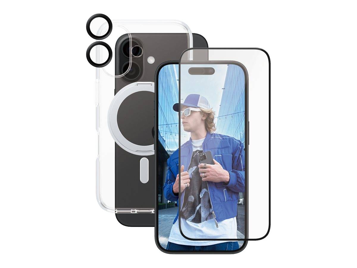Stapel von Smartphone-Hüllen und Bildschirmen, auf denen ein Telefonbildschirm mit einem jungen Mann in einer Kappe und blauer Jacke zu sehen ist, der eine Tasche hält.