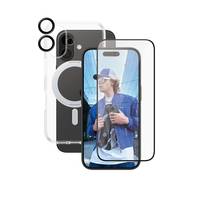 Stilisierte Smartphone-Hülle und Displayschutzfolie-Mockup mit einem Telefon mit MagSafe-Ring und einer Person auf dem Display.