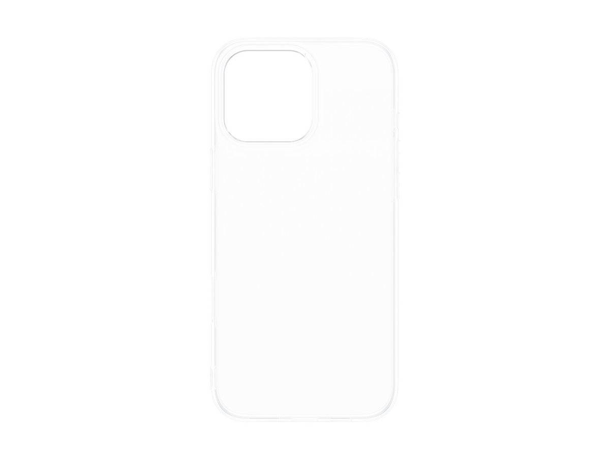 Einfache weiße Smartphone-Hülle mit großem quadratischem Kameraausschnitt oben links, auf weißem Hintergrund dargestellt.