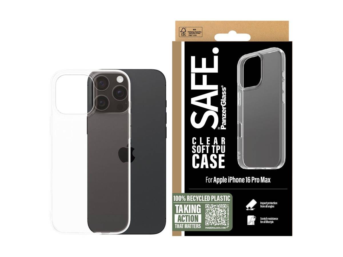 Klare, weiche TPU-Schutzhülle für Apple iPhone 16 Pro Max, gezeigt auf einem Telefon und in der Verpackung „SAFE.