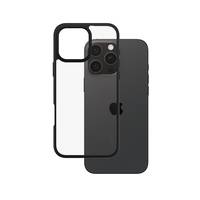 Schwarze iPhone-Hülle mit großem quadratischen Kameraausschnitt, gezeigt über der Rückseite eines dunkelgrauen iPhones.