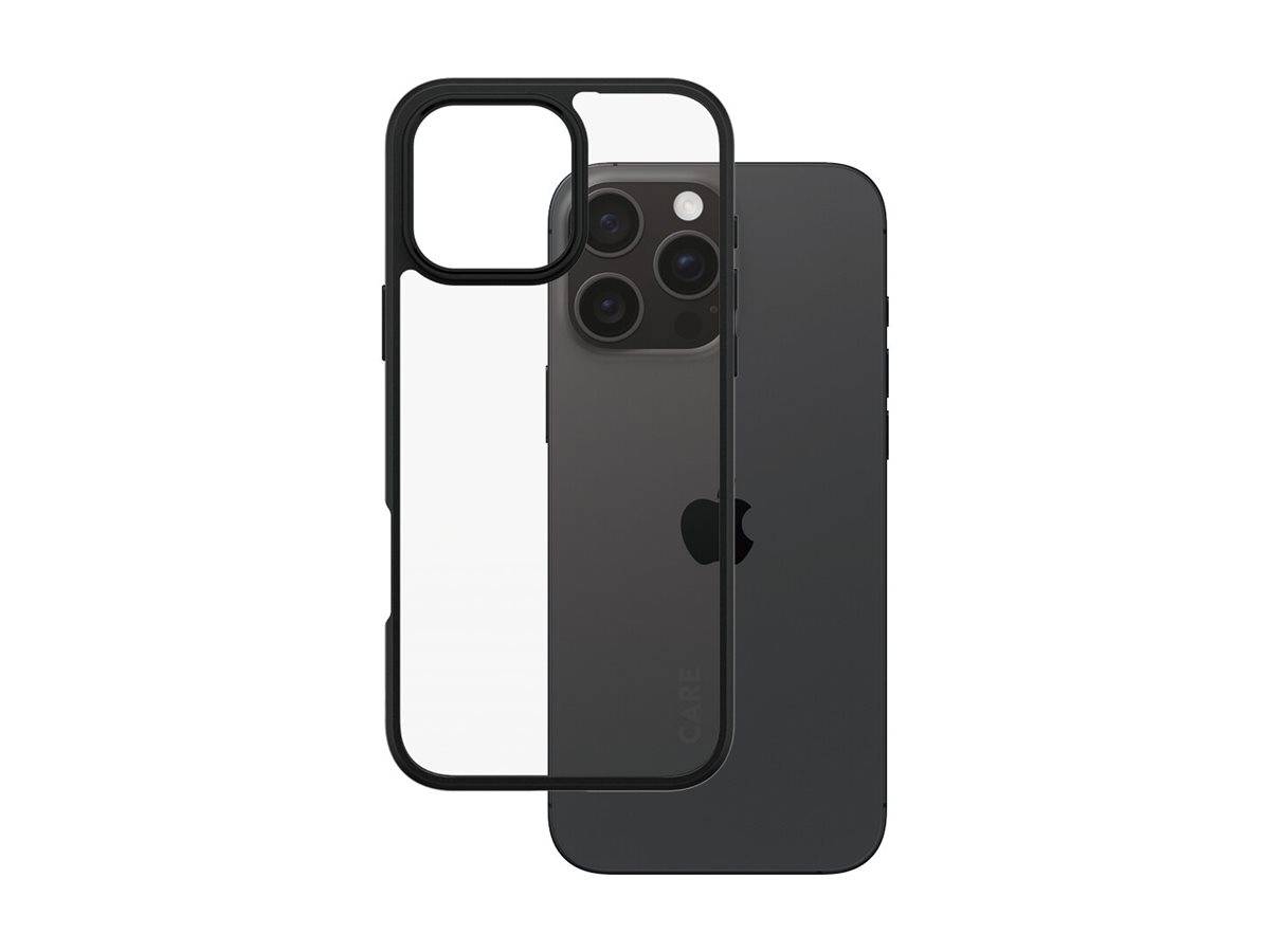 Schwarzes iPhone-Gehäuse von vorne und hinten gezeigt, mit großem quadratischem Kameraausschnitt und sichtbarem Apple-Logo auf der Rückseite des Telefons.
