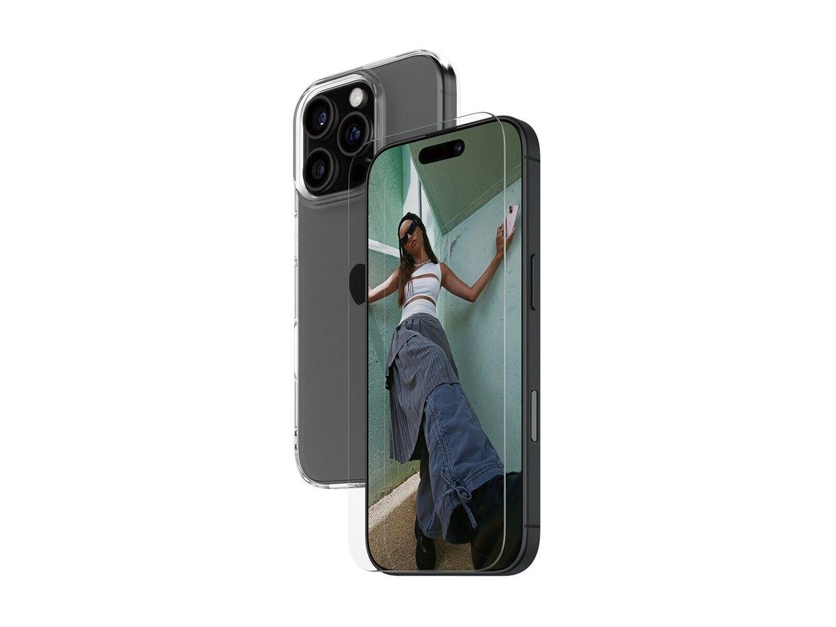Zwei sich überlappende Smartphones, die vorne und hinten gezeigt werden, wobei der vordere Bildschirm eine Frau zeigt, die in einem Treppenhaus posiert.
