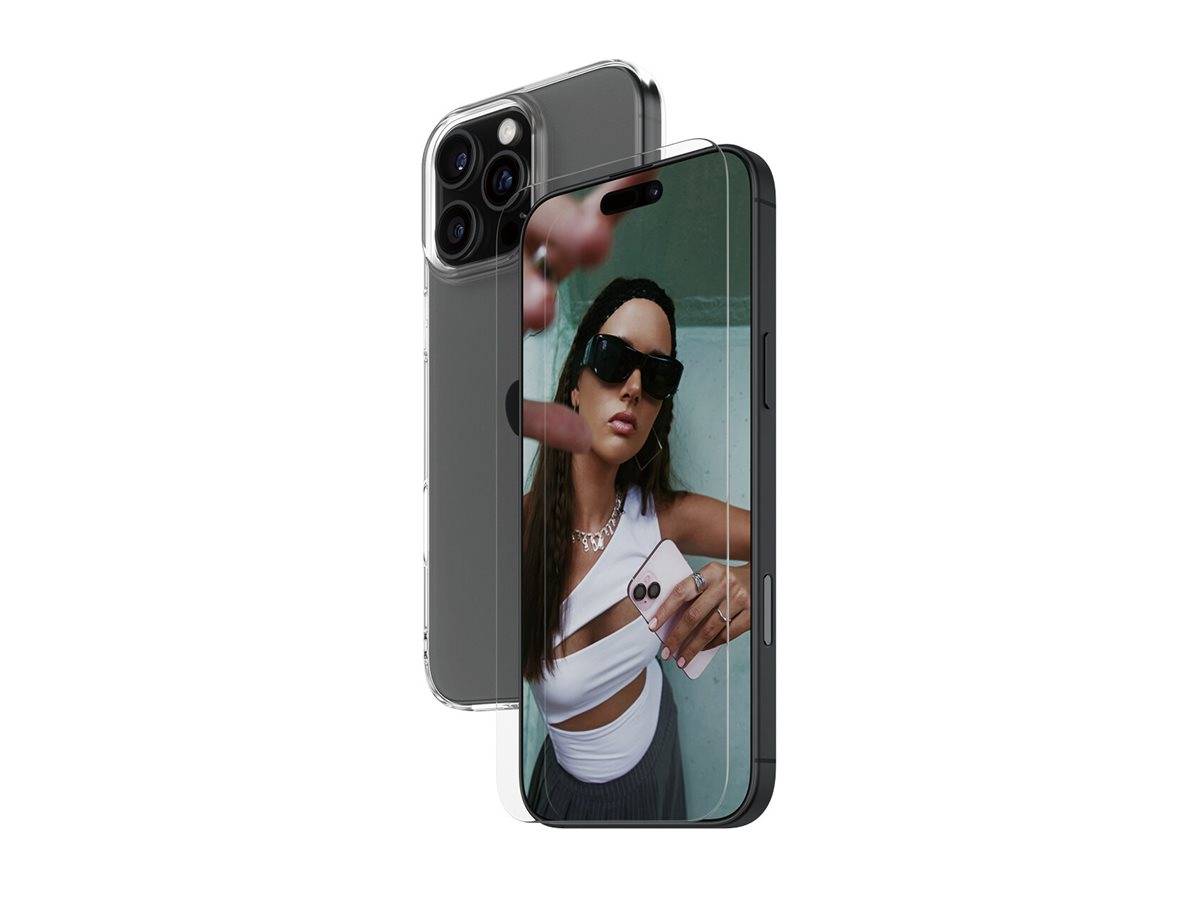 Zwei Smartphones mit schwarzen Schutzhüllen von vorne und hinten gezeigt, vorderes Telefon zeigt ein Moderfoto an.