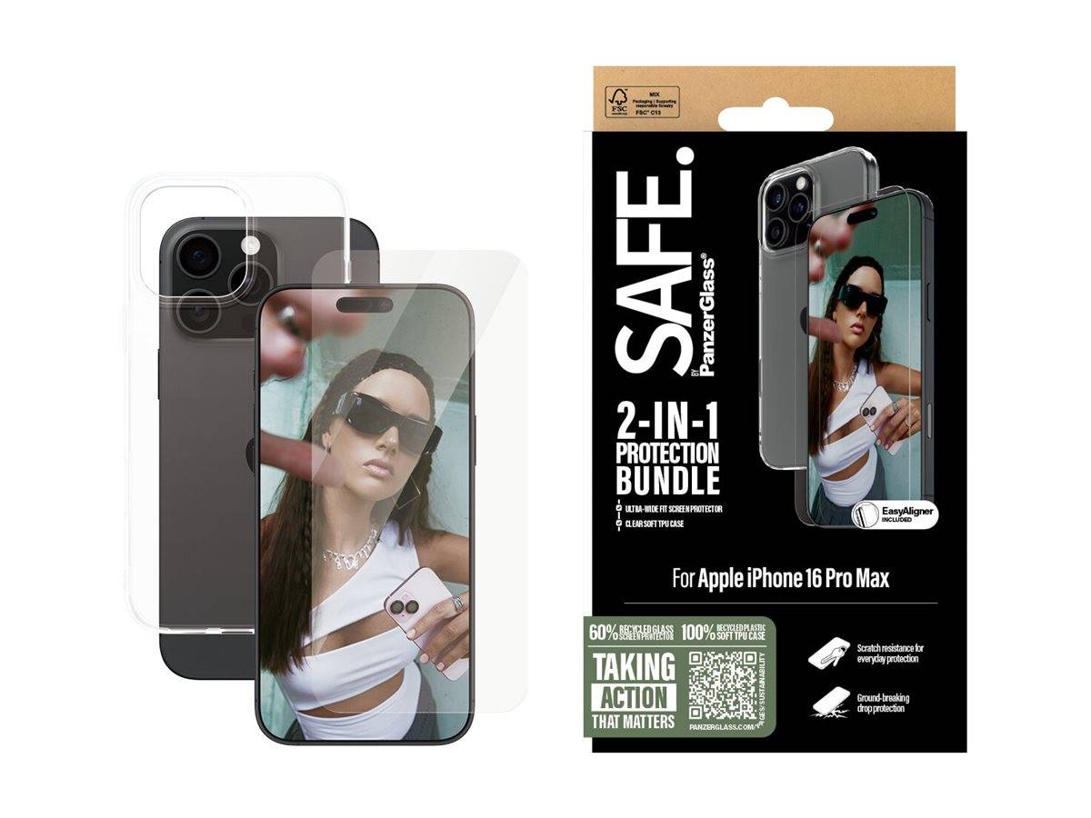 Produktpaket für SAFE. 2-in-1-Schutzset für Apple iPhone 16 Pro Max mit einer Handyhülle und PanzerGlass-Displayschutzfolie.