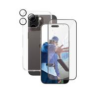 Drei Smartphone-Displayschutzfolien, die transparent und matte Optionen zeigen, die über einem Telefondisplay überlagert sind.