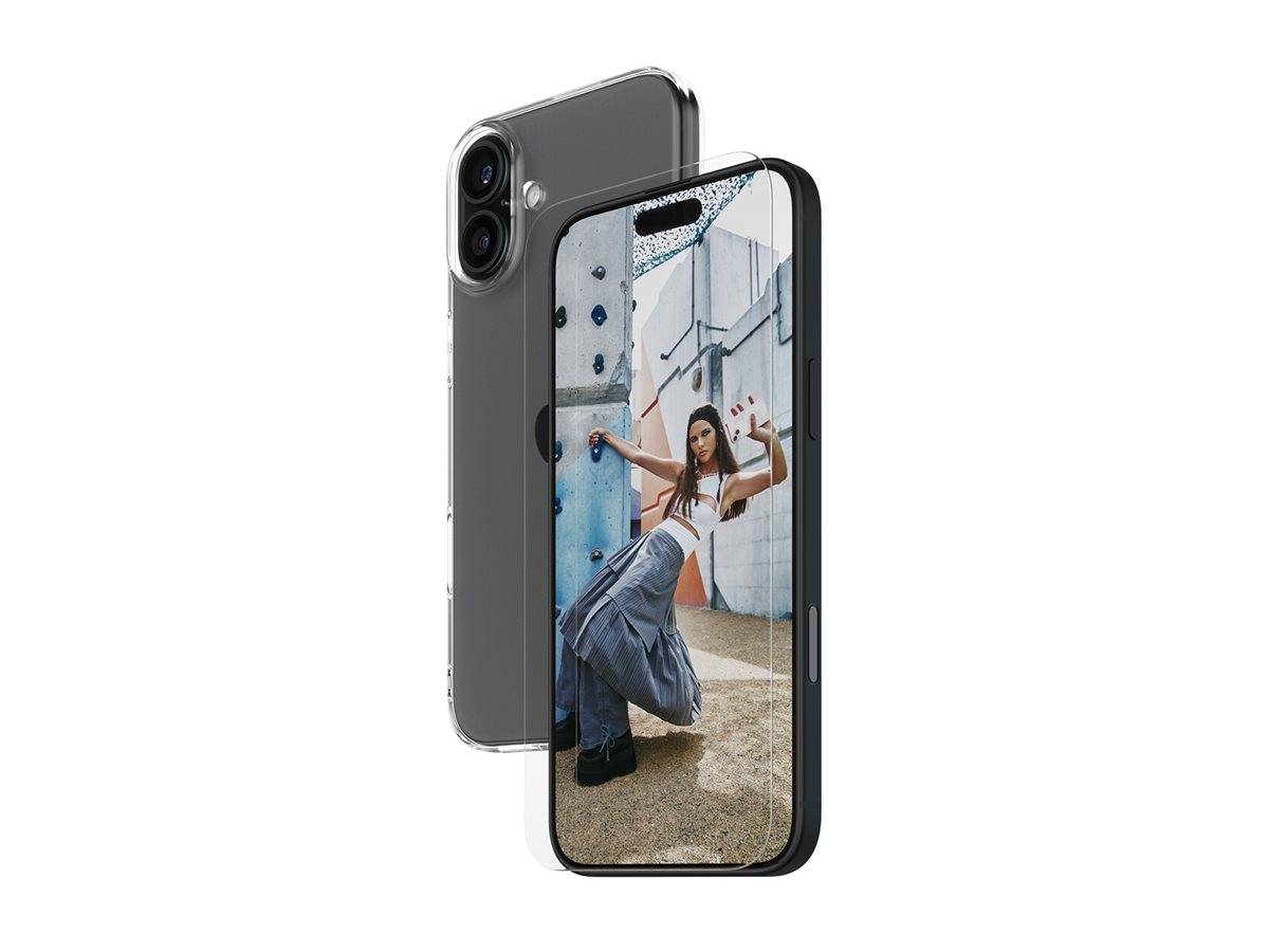 Zwei schwarze Smartphones, von vorne und hinten gezeigt, wobei das vordere Telefon eine Frau zeigt, die an einer Outdoor-Kletterwand posiert.
