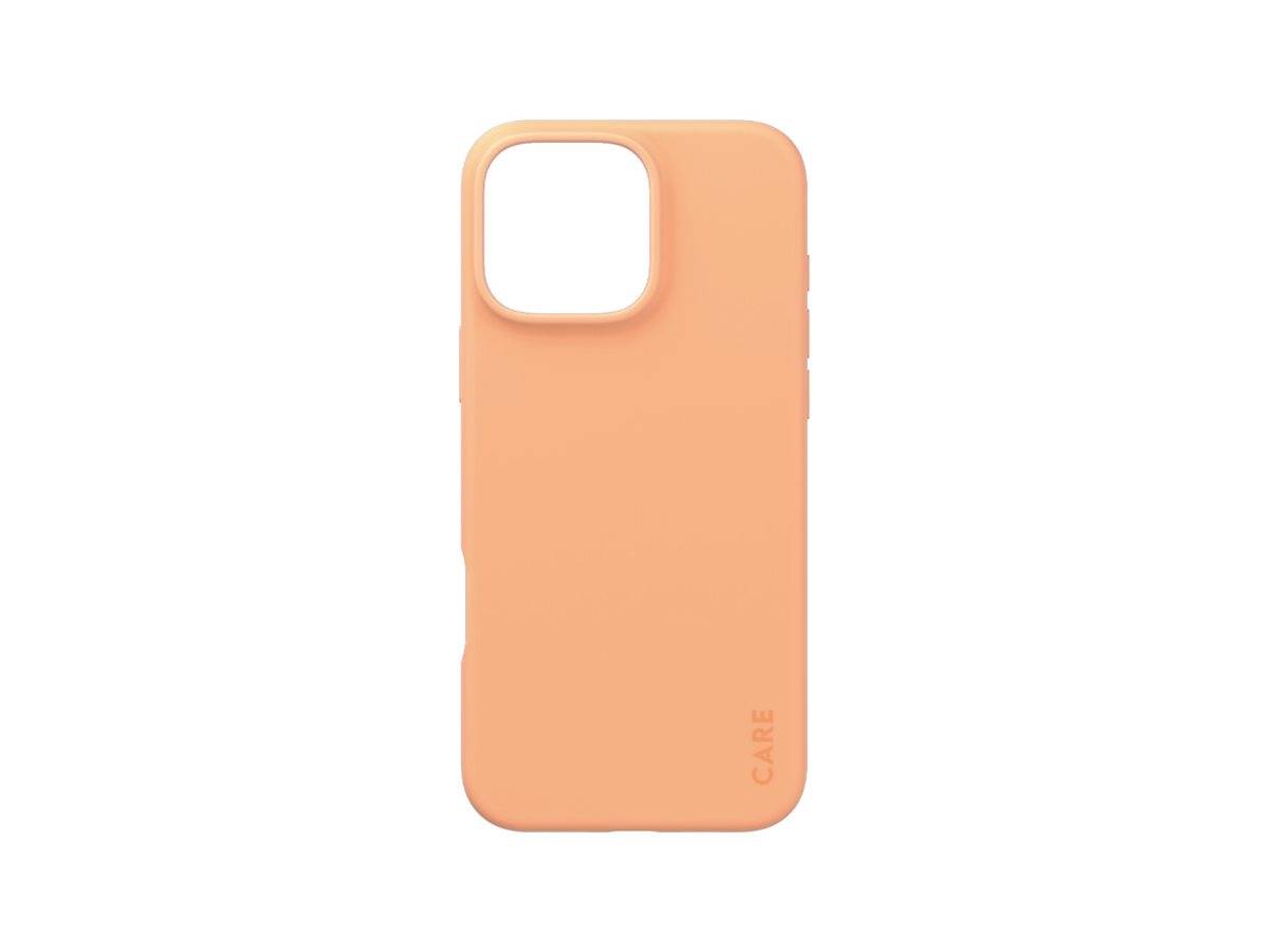 Pfirsichfarbener Smartphone-Case mit großem quadratischem Kameraausschnitt oben links.