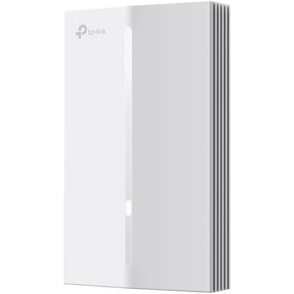Weißes TP-Link-Netzwerkgerät mit schmalem vertikalem LED-Streifen und Seitenlüftungsschlitzen, auf einfachem Hintergrund dargestellt.