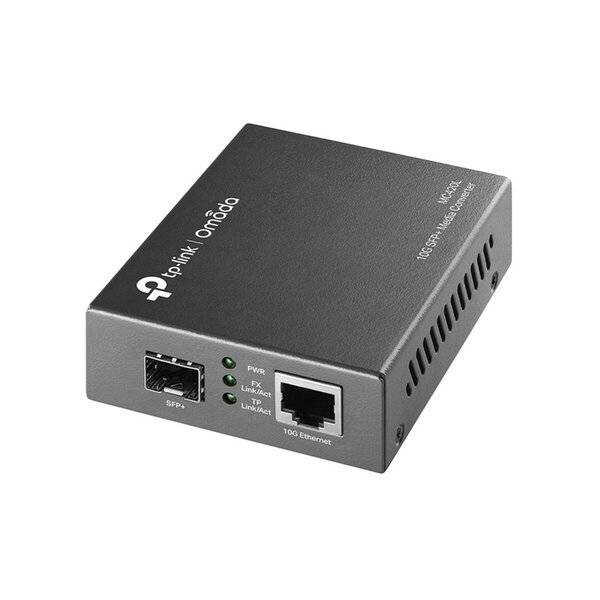 TP-Link Omada Media-Konverter mit SFP-Port, 1000-Mbps-Ethernet-Port und Status-LEDs in einem schwarzen Metallgehäuse.