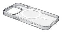 Transparente Handyhülle mit großem kreisförmigem MagSafe-ähnlichem Ring und erhöhtem Kameraausschnitt, in angewinkelter Produktansicht dargestellt.