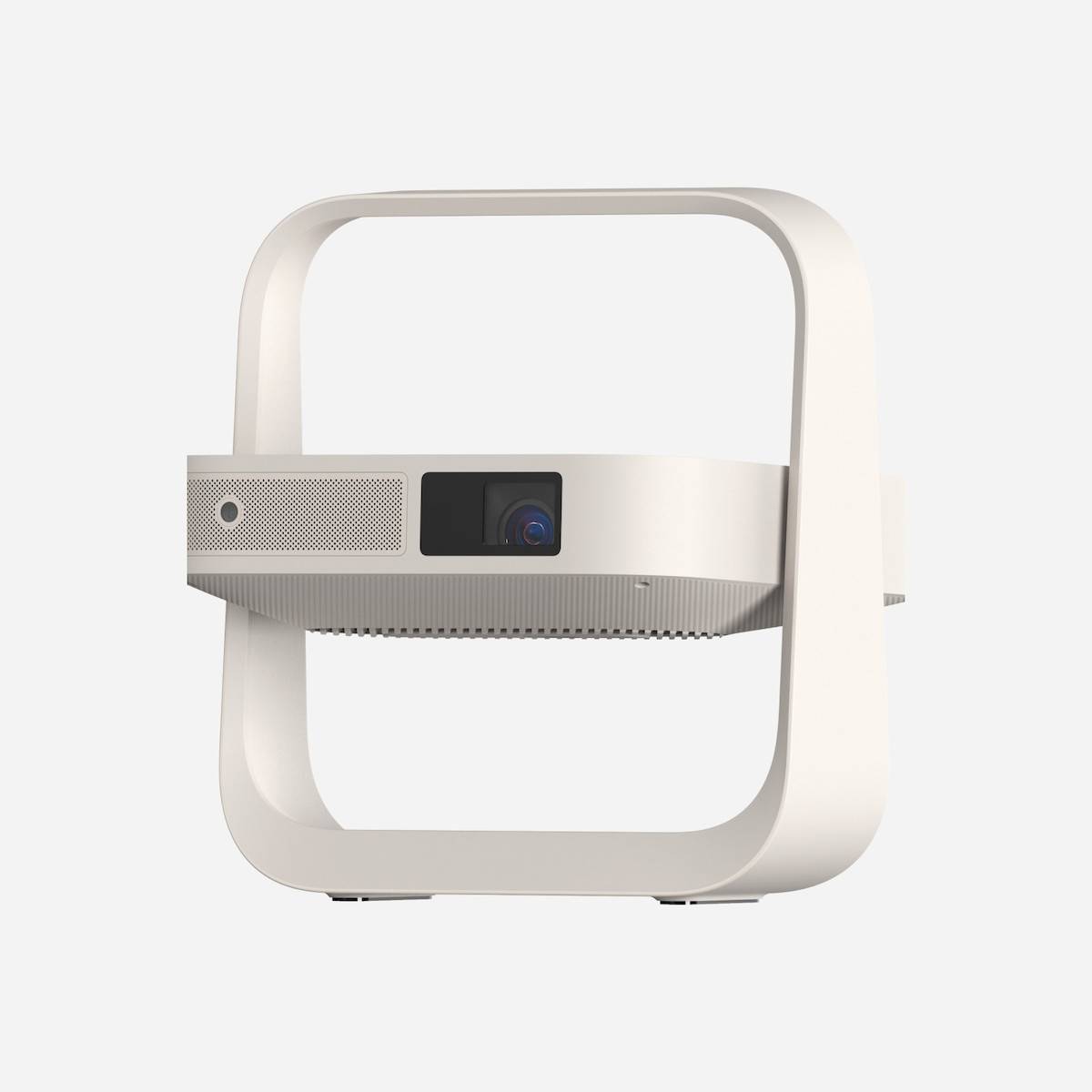 Ein moderner weißer Projektor mit minimalistischem Design, ausgestattet mit einem kreisförmigen Griff für einfaches Tragen und einer Linse in der Mitte.