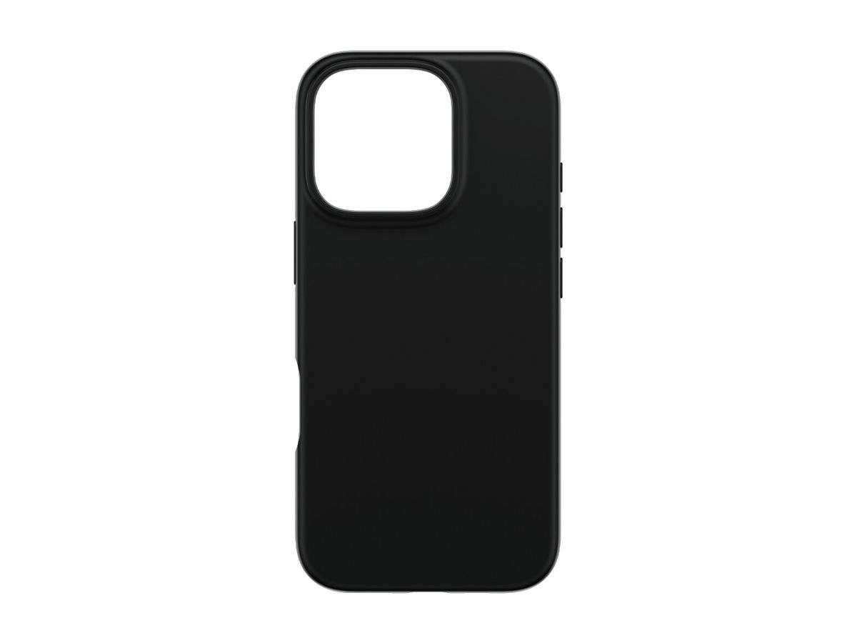 Schwarze Smartphone-Schutzhülle mit großem quadratischem Kameraausschnitt, Vorderansicht auf weißem Hintergrund.