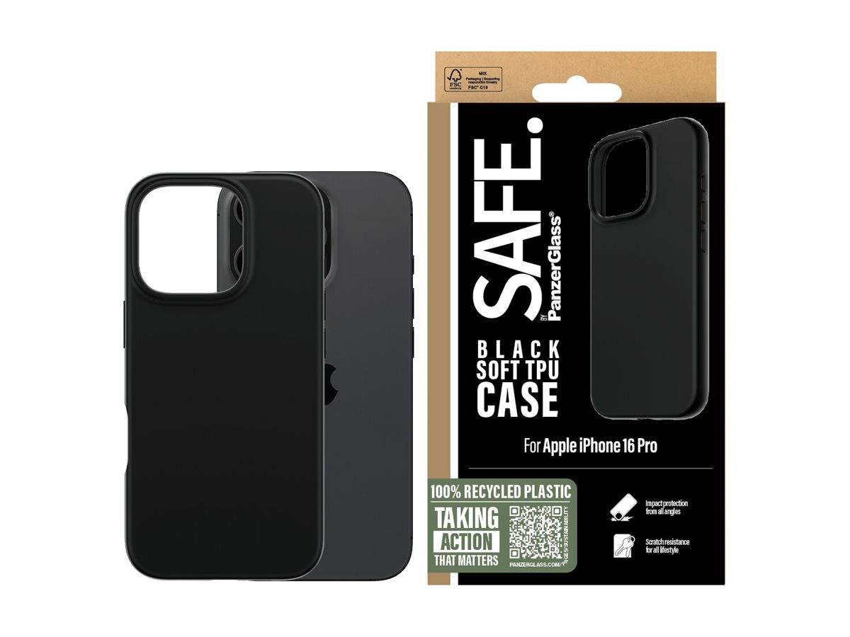 Schwarze weiche TPU-Handyhülle für Apple iPhone 16 Pro, gezeigt von vorne und Verpackung mit den Aufschriften „SAFE.