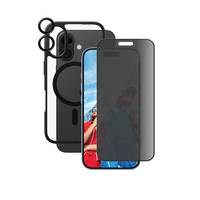 Gestapelte Smartphone-Case-Zubehöre, einschließlich eines Kameralinsenschutzes, einer transparenten Hülle und eines schwarzen Datenschutzbildschirmschutzes über einem Telefon-Mockup.