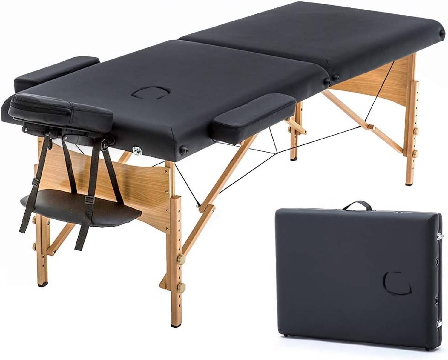 Massageliege Mobile Massagetisch 2 Zonen Tragebares Massagebett höhenverstellbar Holzfüßen inkl. Kopfstütze & Armlehnen 213 × 82 x 85,5 cm bis 25