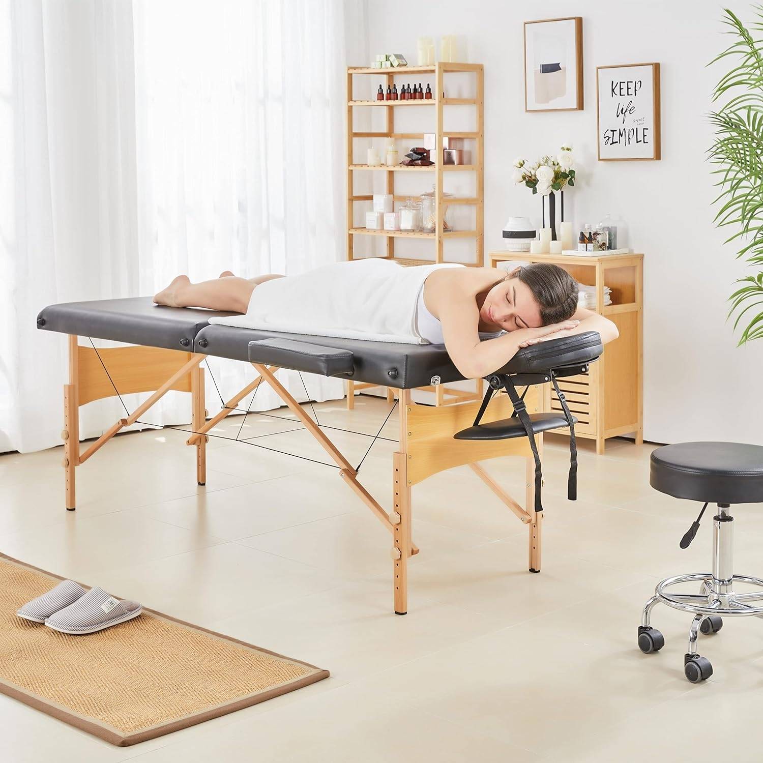 Massageliege Mobile Massagetisch 2 Zonen Tragebares Massagebett höhenverstellbar Holzfüßen inkl. Kopfstütze & Armlehnen 213 × 82 x 85,5 cm bis 25
