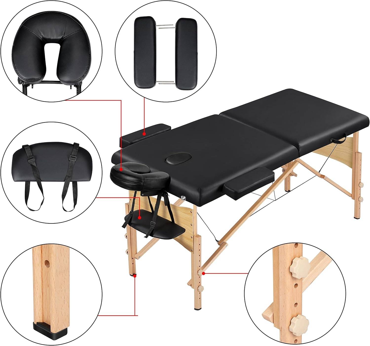 Massageliege Mobile Massagetisch 2 Zonen Tragebares Massagebett höhenverstellbar Holzfüßen inkl. Kopfstütze & Armlehnen 213 × 82 x 85,5 cm bis 25