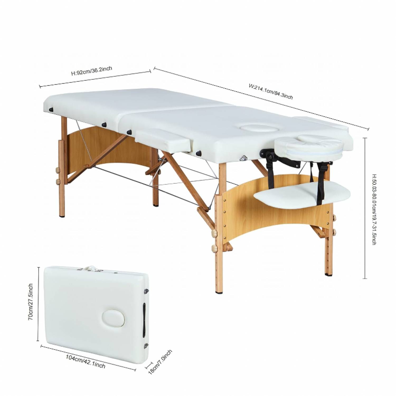 Massageliege Mobile Massagetisch 2 Zonen Tragebares Massagebett höhenverstellbar Holzfüßen inkl. Kopfstütze & Armlehnen 213 × 82 x 85,5 cm bis 25