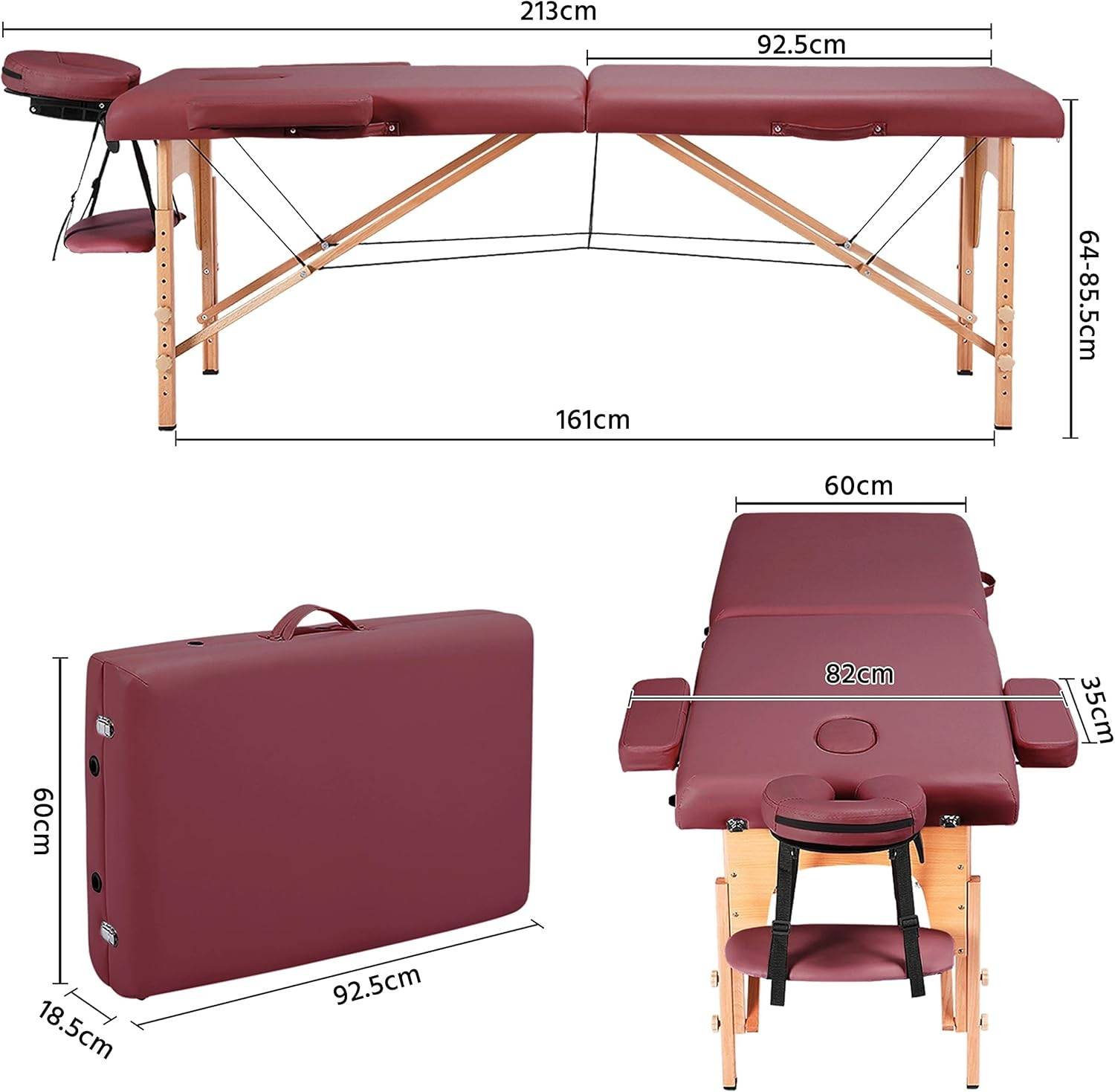 Massageliege Mobile Massagetisch 2 Zonen Tragebares Massagebett höhenverstellbar Holzfüßen inkl. Kopfstütze & Armlehnen 213 × 82 x 85,5 cm bis 25