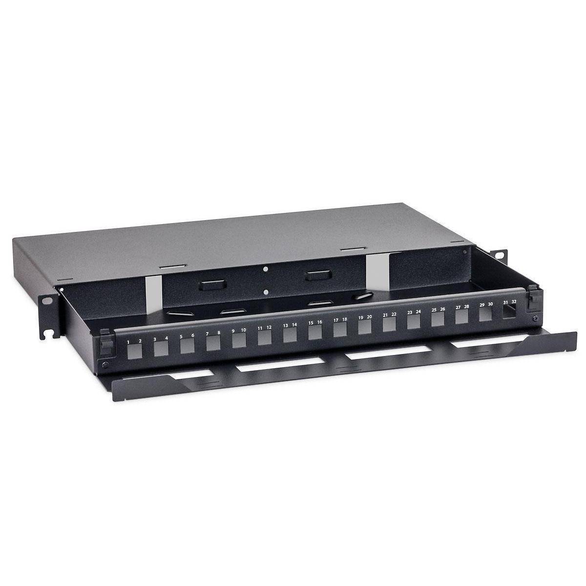 RAB-FO-X68-A1 - Ausziehbares 19-Opto-Patch-Panel 1HE, für 16 x LC Duplex Square, RAL9005, schwar