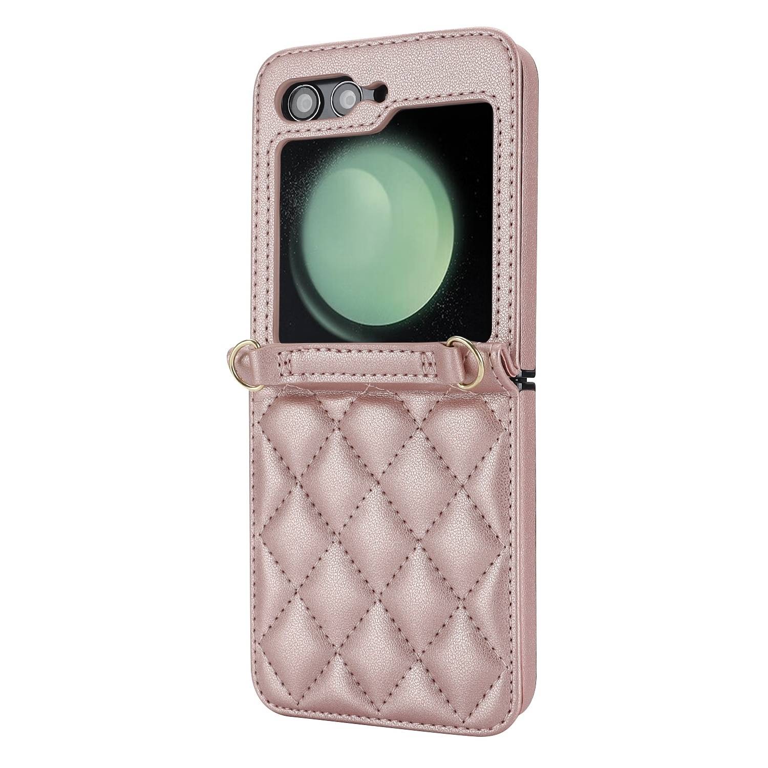 Für Samsung Galaxy Z Flip6 Design Schutz Hülle Rhombus-Textur mit Schlüsselbänder Rose Gold