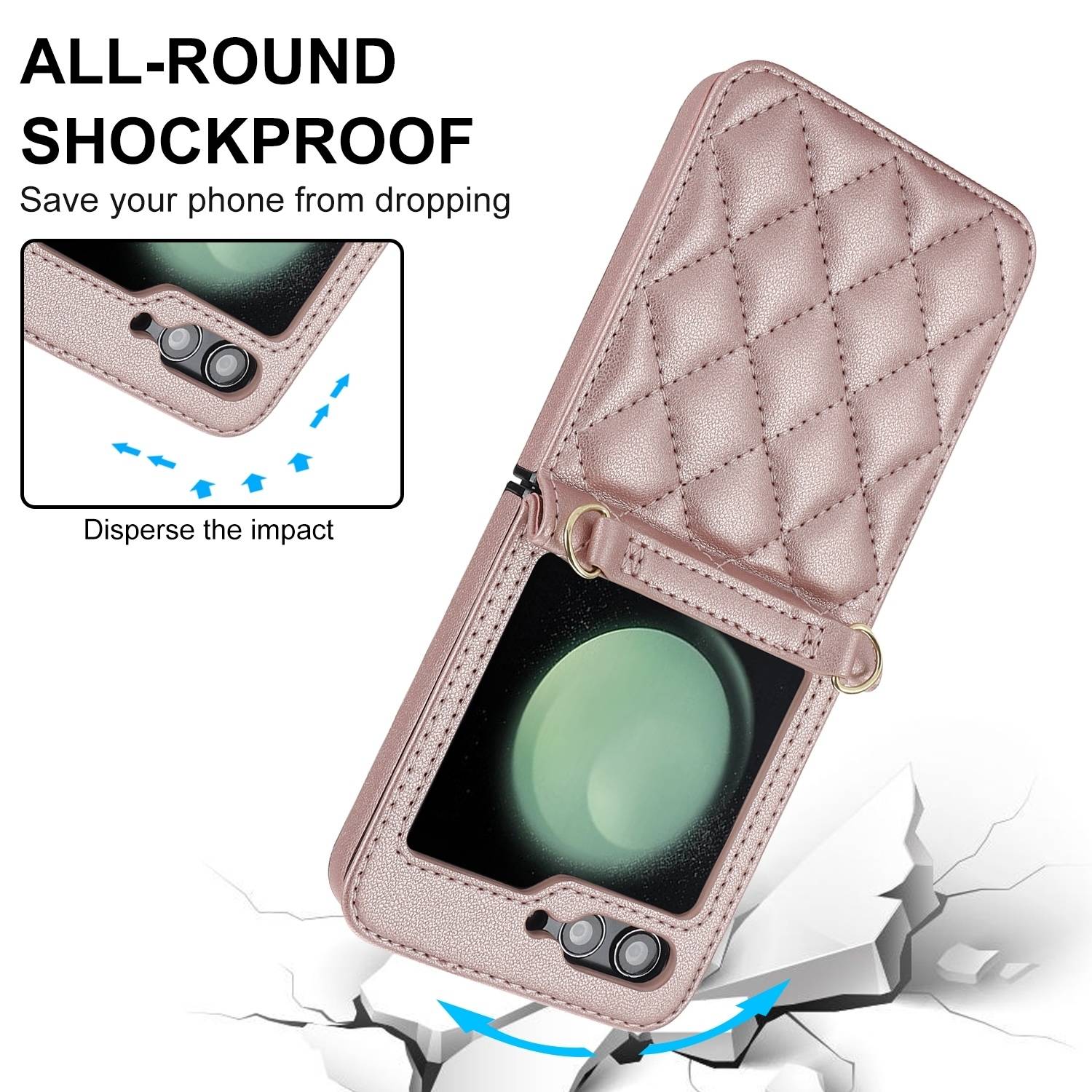Für Samsung Galaxy Z Flip6 Design Schutz Hülle Rhombus-Textur mit Schlüsselbänder Rose Gold