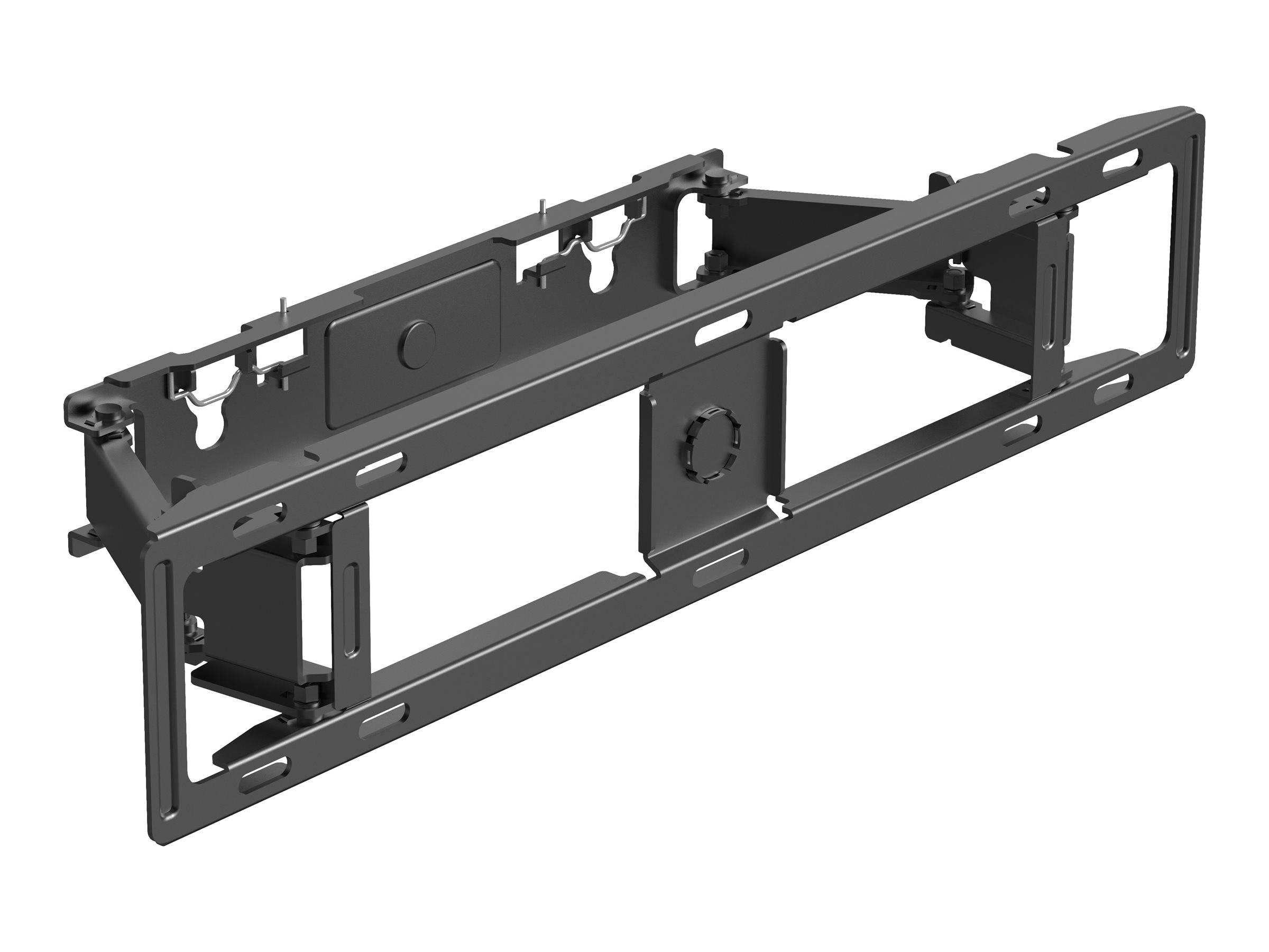 Schwarze Metall-TV-Wandhalterung mit verstellbaren Armen und Befestigungssteckplätzen, dargestellt auf weißem Hintergrund.