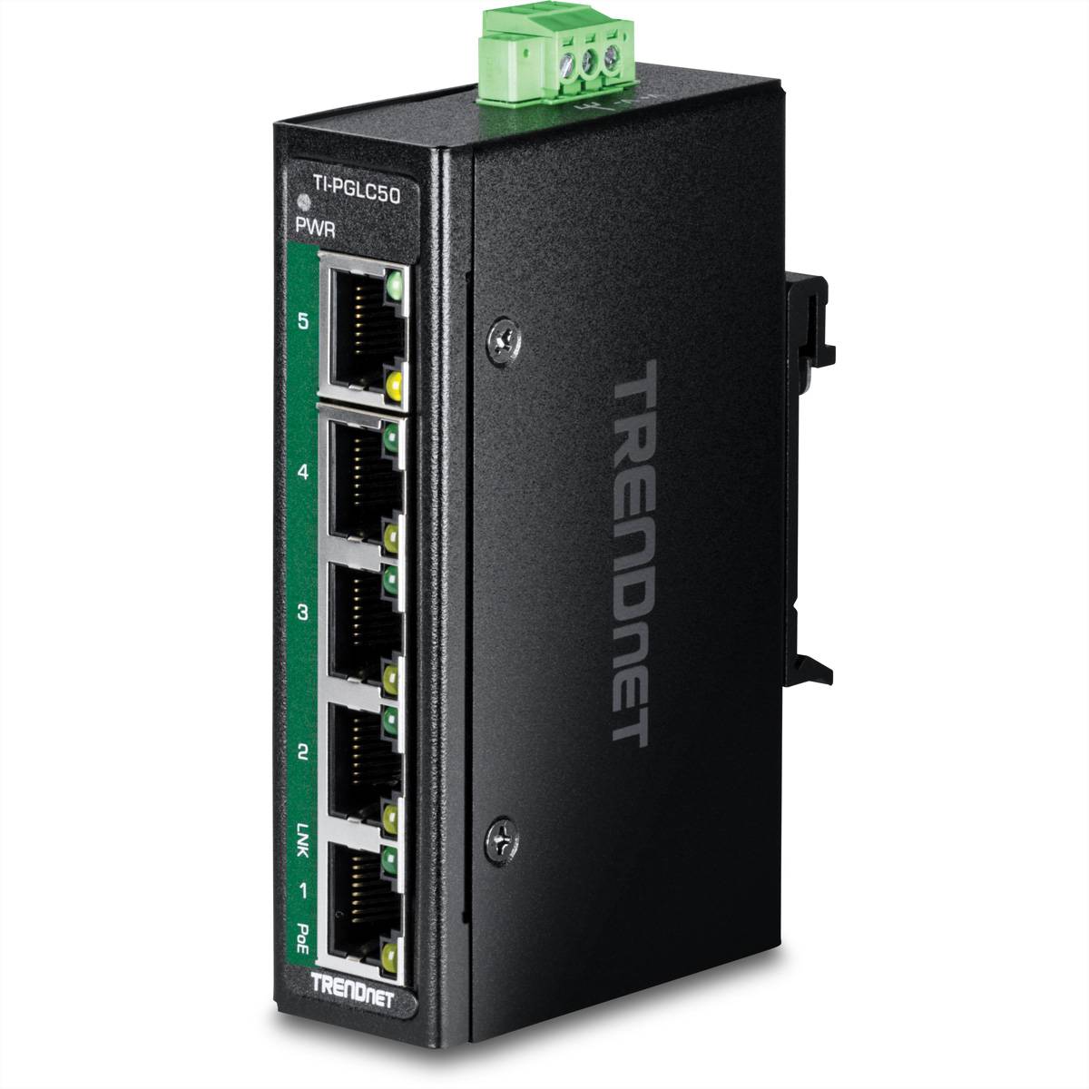 TRENDnet Industrial-Ethernet-Switch mit fünf nummerierten RJ45-Anschlüssen und einer grünen Klemmleiste oben