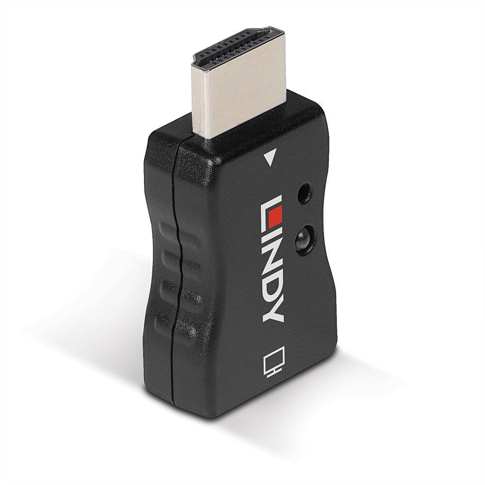 Black Lindy HDMI-Adapter oder -Koppler mit männlichem HDMI-Stecker auf weißem Hintergrund.
